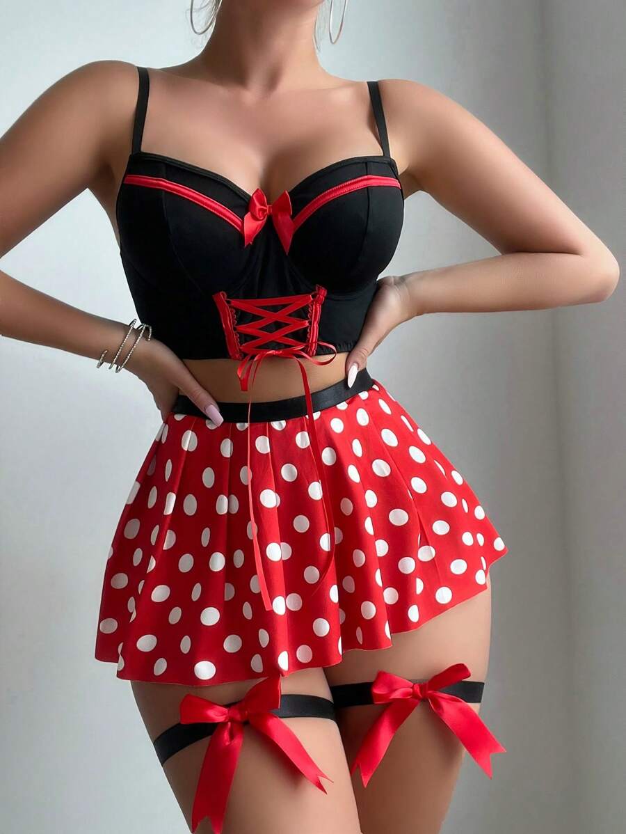 5pcs Women Sexy Spaghetti Strap Backless Bow Detail Underwire Lingerie Set: Camisole Top, Thong, Polka Dot Pleated Waist Skirt, And 2pcs Garter For Going Out - Multicolor - View 1