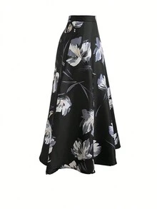 Floral Print High Waist Skirt, Spring/Summer Casual Vacation Black - Black - View 3