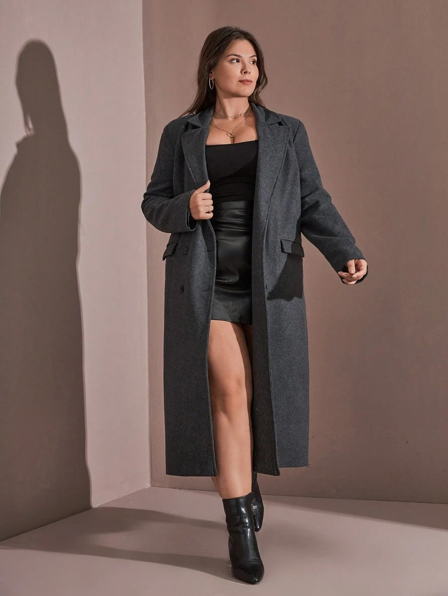RueChic Plus Women's Lapel Neck Double Breasted Overcoat - Grey - View 1