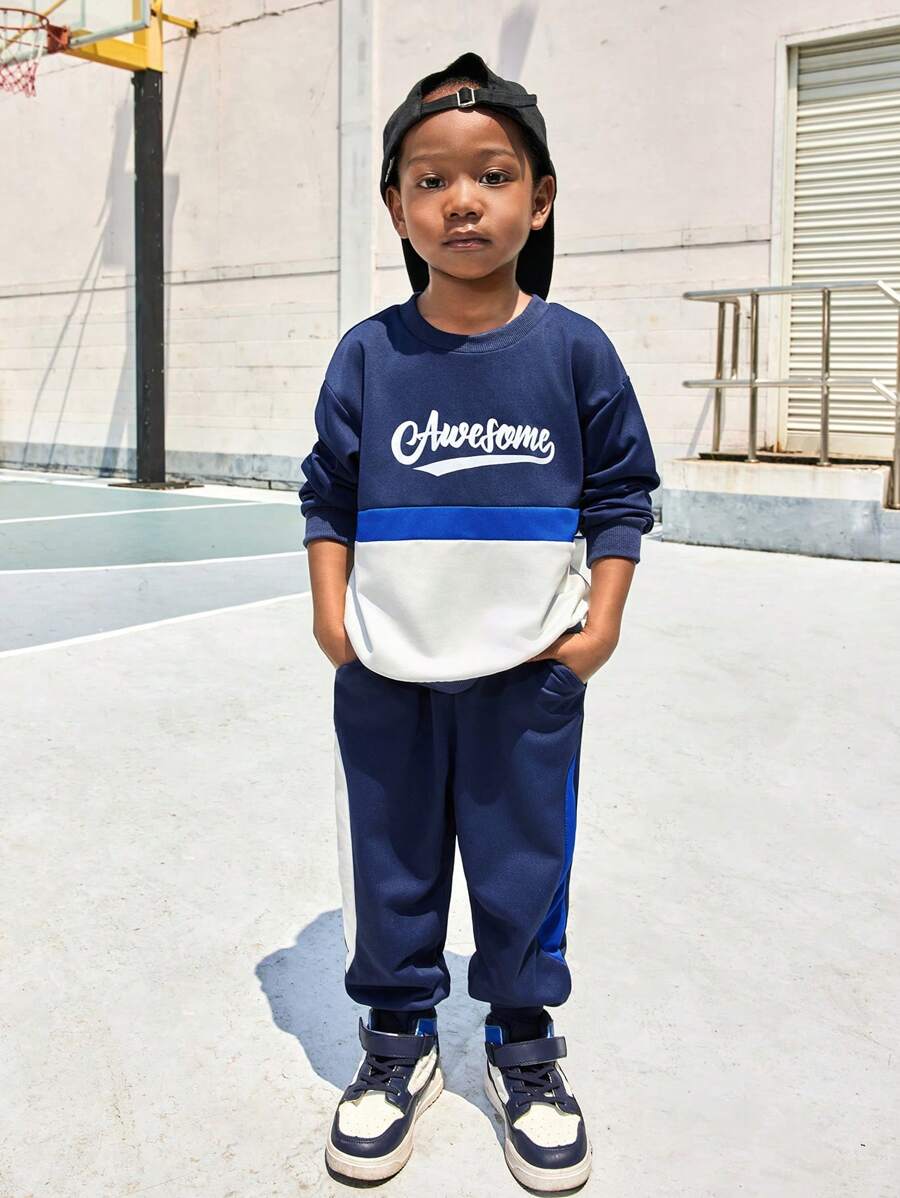 SHEIN Tenue chaude pour jeunes garçons, sweat-shirt à capuche et pantalon assortis avec imprimé patchwork vintage de skateboard et de basketball, pour l'automne/l'hiver - Multicolore - Voir 1