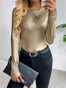 SHEIN LUNE Dames effen elastisch gecoat slim fit T-shirt