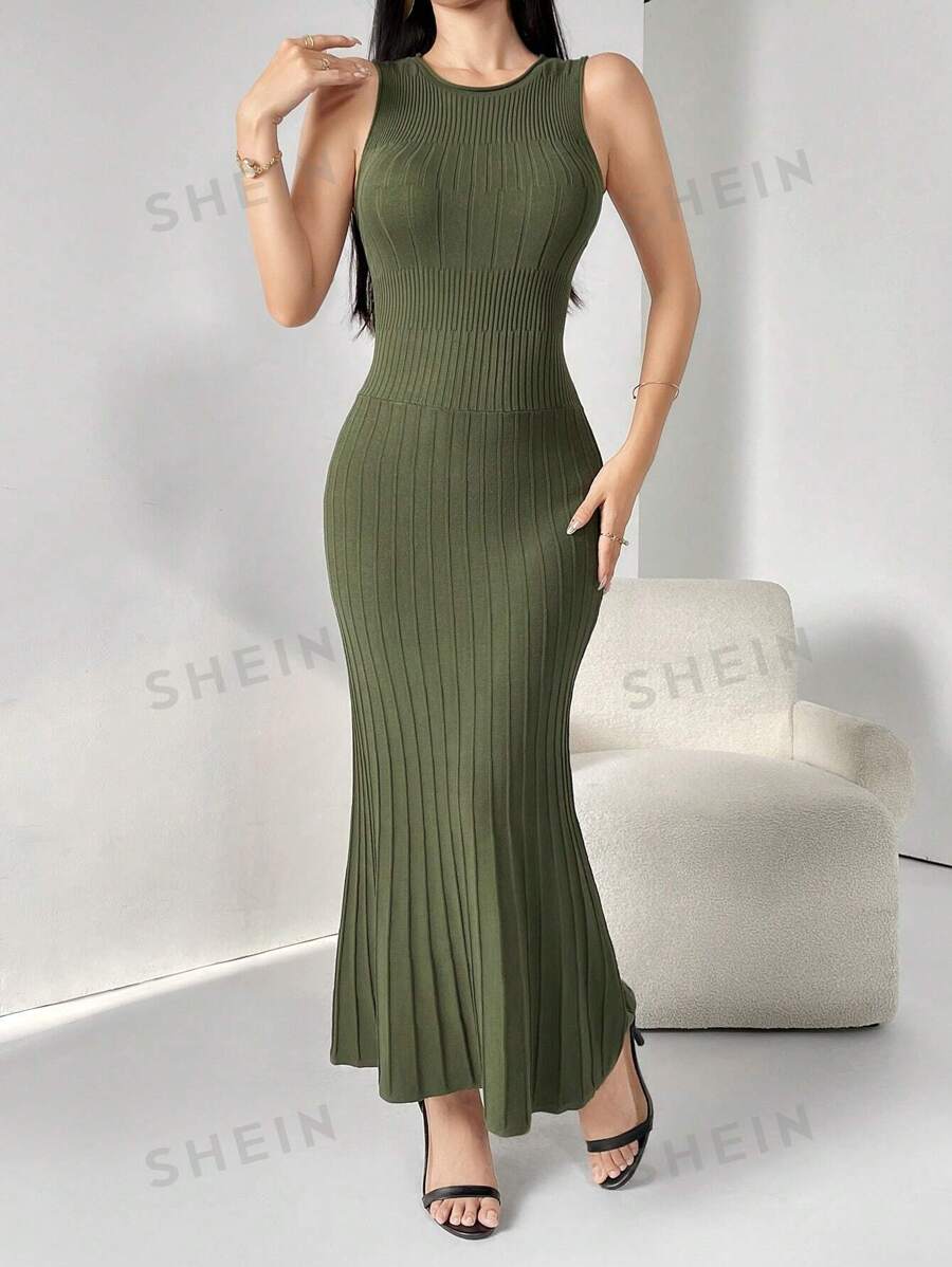 Modelyn Vestido de punto elegante sin mangas con escote redondo y bajo de cola de pez para mujer