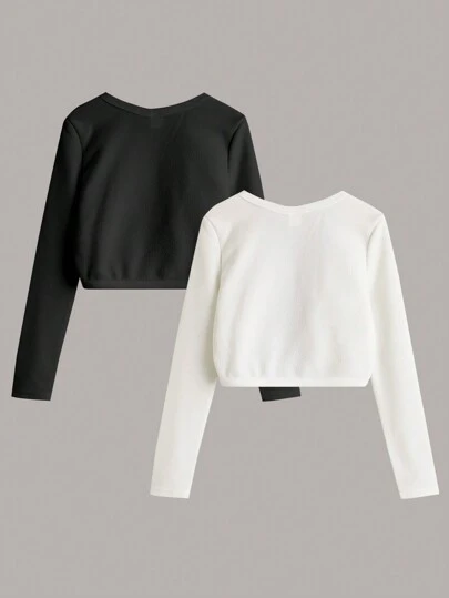 SHEIN Girlism Tween Girl 1-For-1 休闲黑白纯色长袖拉链夹克