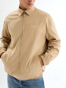 Manfinity VCAY Men's Fashionable Casual Solid Color Slim Fit Zip-Up Long Sleeve Jacket Men Jacket, For Fall Winter - Apricot - View 4