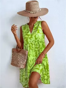 V 领无袖 A 字形印花连衣裙 - 橄欖綠 - 查看 1