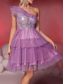 SHEIN Belle Elegante e luxuoso vestido roxo de um ombro plissado em malha contrastante com lantejoulas maxi em linha A, adequado para casamento, festa, formatura, baile de formatura, vestido semiformal, para aniversário, convidado de casamento, baile de formatura - Roxa - Ver 6