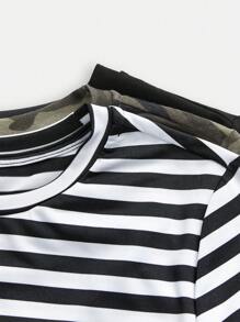 SHEIN EZwear 3 件装休闲条纹迷彩设计圆领长袖短款上衣 T 恤女款，适合秋季 - 彩色 - 查看 7