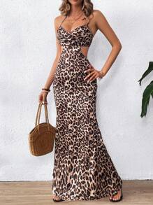 SHEIN VCAY Satin Maxi Fishtail Dress,Christmas Outfits,Party Wear,Halloween Outfits,Vacation Chiffon Leopard Print Cutout Strap Ruffle Hem Women Dress
