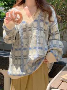 DAZY Damen Loose V-Ausschnitt Langarm Strickpullover, Herbst/Winter Karomuster