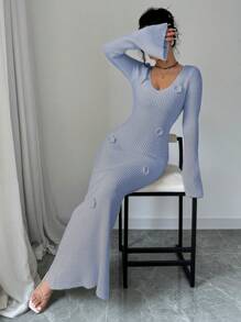 Elenzga Vestido jersey de manga larga con decoración floral 3D para mujer