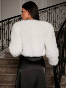 Allurite Women's Fashion Colorblock Stamp Short Fluffy Coat, Women Fluffy Coat, Warm Fluffy Coat Fall Winter Cloth For Women - White - View 2