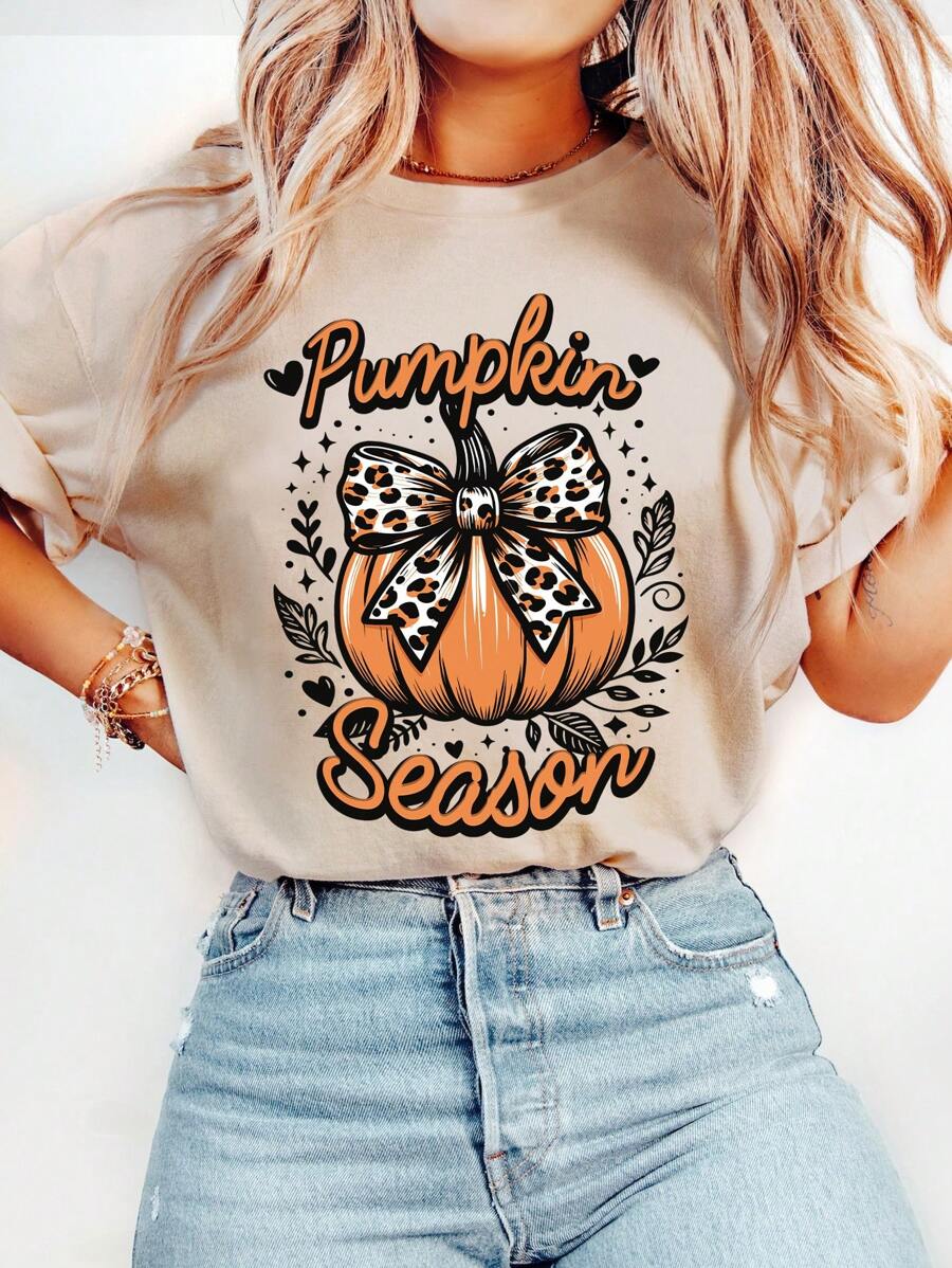 INAWLY Halloween Women's Crew Neck Short Sleeve Pumpkin Print Simple T ...