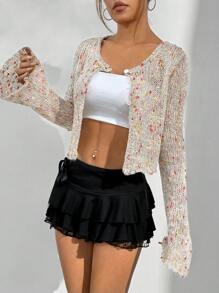 SHEIN Unity Polka Dot Hollow Out Knit Casual Vacation Cropped Cardigan - Pink - View 10