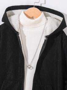 1pc Young Boys Casual Hooded Jacket, Thick Thermal Lined , Black, Practical, Suitable For Commute, School, Daily Casual, Kid Outfits, Young Boy Clothes, Back To School, School Uniform, Kindergarten, Birthday Party, Ceremony, Wedding, Christening, Suitable For School, Travel, Sports, Fall, Winter