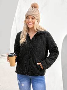 SHEIN LUNE Áo khoác đệm dài tay cổ đứng dáng ôm vừa vặn họa tiết kim cương cho nữ có khóa kéo - Đen và trắng - Xem 4