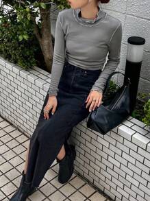 FRIFUL Women's Fitted Contrast Piping T-Shirt Long Sleeve Women Tops - Grey - View 1