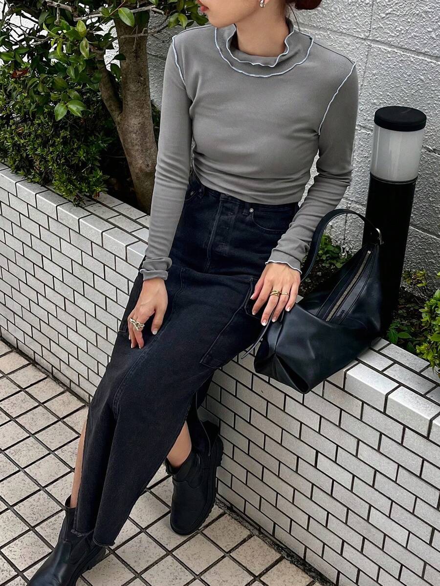 FRIFUL Women's Fitted Contrast Piping T-Shirt Long Sleeve Women Tops - Grey - View 1