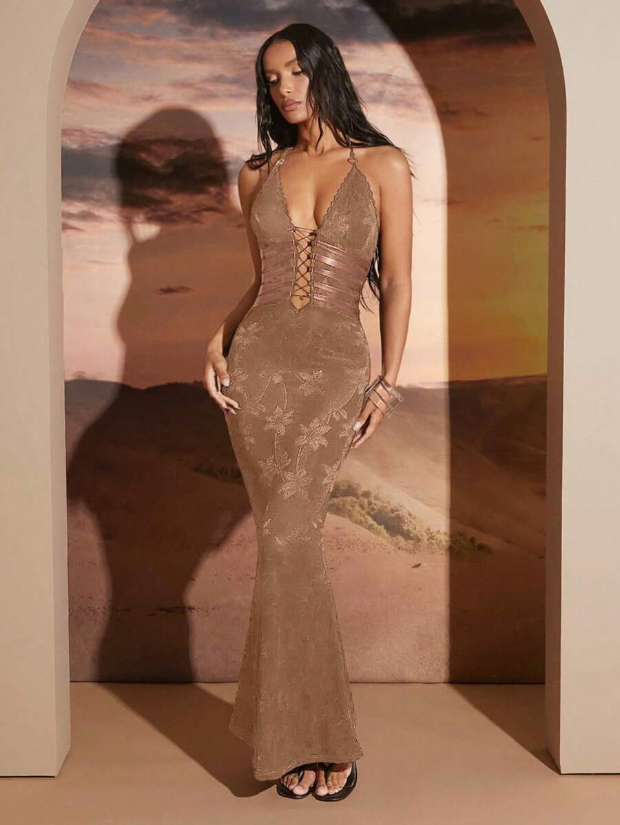 Hauture Sophisticated Lace Bodycon Dress With Halter Neckline And Strappy Cutout Detailing