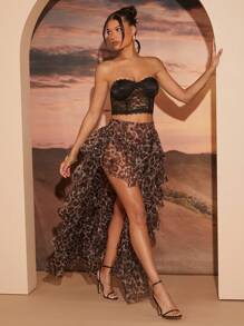 Hauture Women's Leopard Print Pleated Ruffle Layered Skirt, Casual Resort Wear