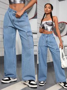 SHEIN PETITE Pantalones vaqueros rectos casuales de moda con botón en la cintura y bolsillos laterales para mujer