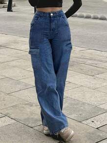女士休闲百搭中腰直筒牛仔裤 - 深色水洗藍 - 查看 6