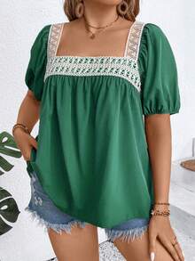 SHEIN Holidaya Áo sơ mi tay bồng cổ vuông ren tương phản cỡ lớn cho nữ, mùa hè - màu xanh lá - Xem 3