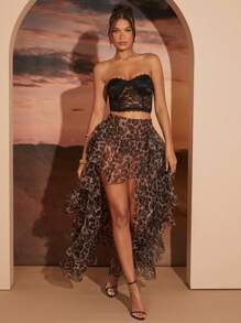 Hauture Women's Leopard Print Pleated Ruffle Layered Skirt, Casual Resort Wear