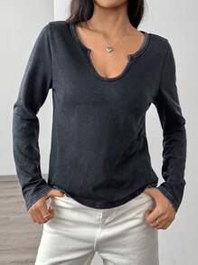 SHEIN EZwear 女士新款秋季纯色黑色V领做旧酸洗长袖宽松T恤 - 黑色 - 查看 4