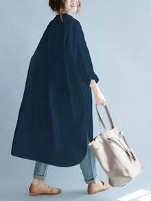 Damen durchgehendes Knopfverschluss Blusenkleid mit gekrümmtem Saum, langärmelig, modisch-Lässig für Frühling, Herbst