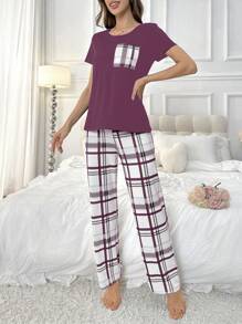 Plaid Short Sleeve Pajama Set For Women - Purple - View 4
