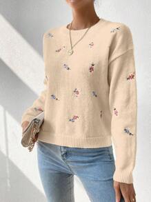 Chiquease Women's Floral Embroidered Decor Crew Neck Long Sleeve Sweater - Apricot - View 5