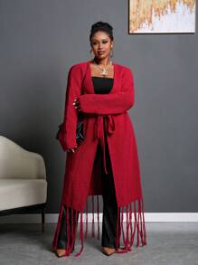 Slaydiva Veste d'hiver pour femmes grande taille, couleur unie, avec nœud papillon et manches à franges, couleur bordeaux - Rouge foncé - Voir 1