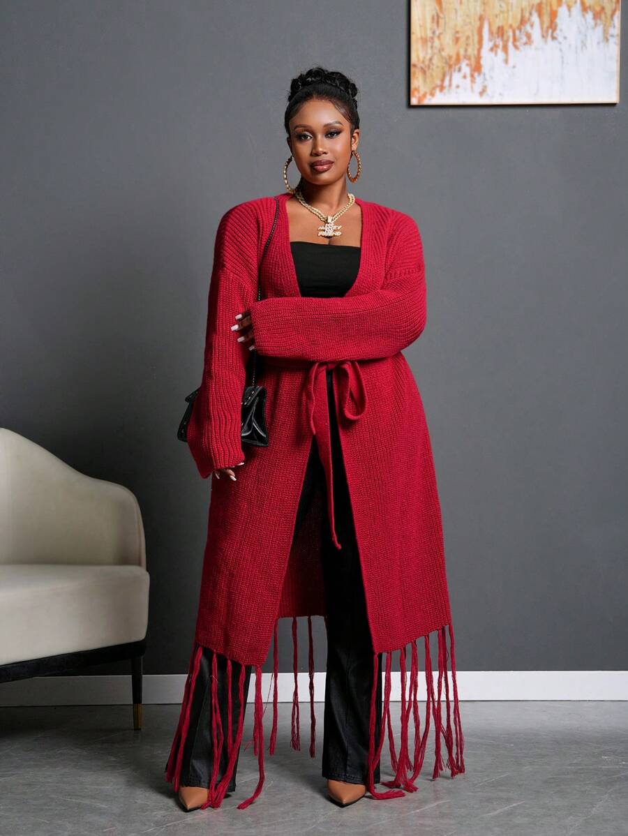 Slaydiva Veste d'hiver pour femmes grande taille, couleur unie, avec nœud papillon et manches à franges, couleur bordeaux - Rouge foncé - Voir 1