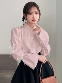 FRIFUL 女式蝴蝶结装饰前扣长袖休闲衬衫