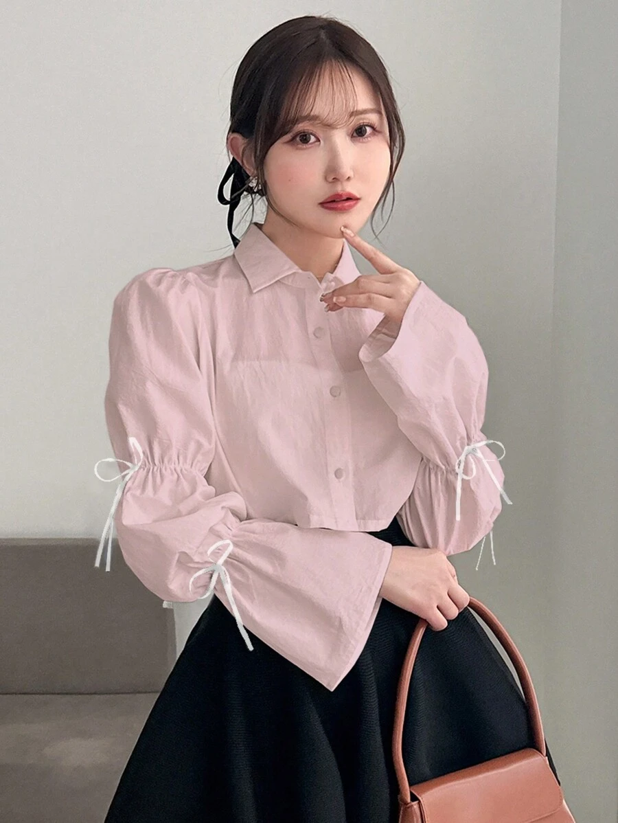 FRIFUL 女式蝴蝶结装饰前扣长袖休闲衬衫