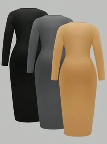 Vestido largo de manga larga con silueta pegada básica para mujer de talla grande - Multicolor - Ver 2