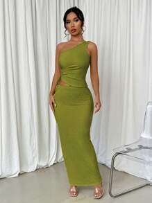 Selianne 2pcs Elegant Set: Asymmetric Neckline Cutout Drawstring Blouse And Mini Skirt - Olive Green - View 4