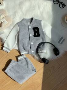 SHEIN Bộ 2 món/bộ quần áo bóng chày thời trang dễ thương, thể thao & phong cách học đường, đa năng, thoải mái cho bé trai, phù hợp mặc vào mùa thu đông, lót nhiệt, dày dặn - Xám - Xem 6
