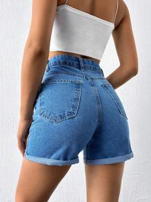 EURMUSE High Waist Roll Up Hem Denim Shorts - Light Wash - View 3
