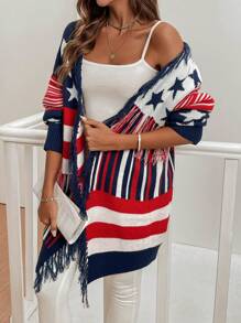 Chiquease Damen Cardigan mit Pentagramm Streifenmuster und Troddelverzierung