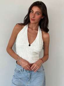 Aloruh Áo ba lỗ ren trang trí hoa cổ chữ V sâu thanh lịch cho nữ - trắng - Xem 6