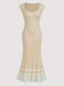 SHEIN Privé Women's Elegant Colorblock Sweetheart Neck Long Dress,Sweater Dress,Fall Clothes,Fall Women Dresses,Teacher Sweater Dress ,Commute ,Minimalist, Office Wear, Old Money,Simple,Fall - Apricot - View 1