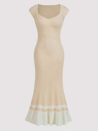 SHEIN Privé 女士优雅拼色甜心领长裙、毛衣裙、秋装、秋季女装、教师毛衣裙、通勤、极简主义、办公室装、复古款、简约、秋季