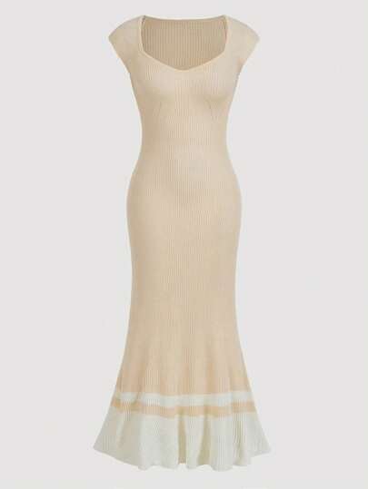 SHEIN Privé 女士优雅拼色甜心领长裙、毛衣裙、秋装、秋季女装、教师毛衣裙、通勤、极简主义、办公室装、复古款、简约、秋季