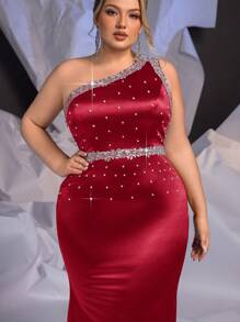 Glamrae 加大码蓝色缎面手工装饰珍珠花金银线贴花单肩鱼尾优雅晚礼服 - 紅色 - 查看 2