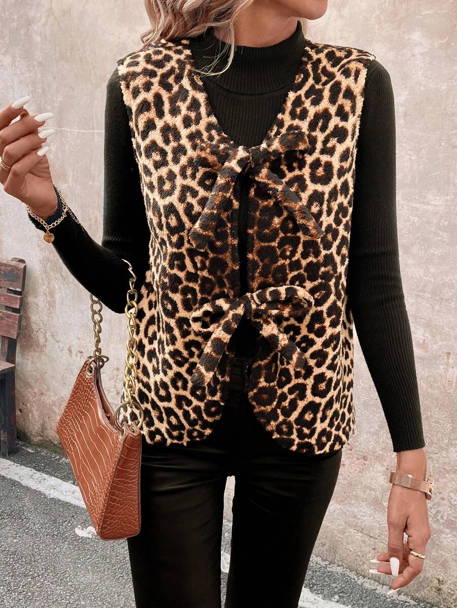 SHEIN Clasi 豹纹羊羔绒前系带可爱娃娃无袖常规夹克休闲背心女士秋冬季 - 彩色 - 查看 1