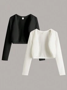 SHEIN Girlism Tween Girl 1-For-1 休闲黑白纯色长袖拉链夹克 - 黑與白 - 查看 1