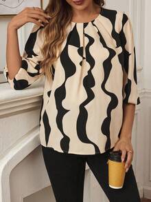 SHEIN Áo cổ tròn in hoa giản dị thanh lịch cho phụ nữ mang thai, dành cho bà bầu - Màu be - Xem 4