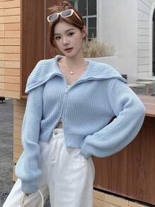 DAZY 女士宽松短款拉链开衫，秋季女装夹克 - 藍色 - 查看 4