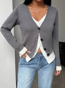 SHEIN LUNE Elegante cárdigan ajustado de dos en 1 con bloques de color para mujeres